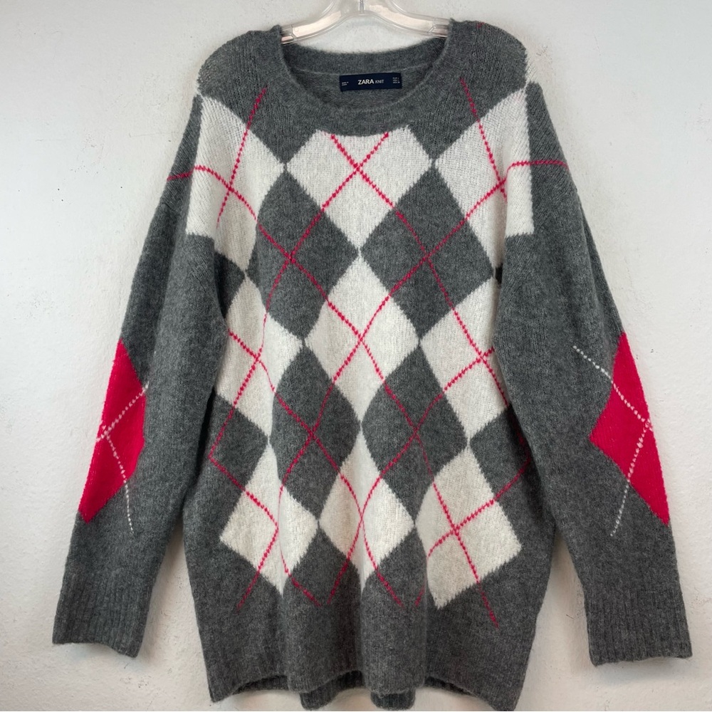 Zara Knit Argyle Oversized Sweater New without Tags L